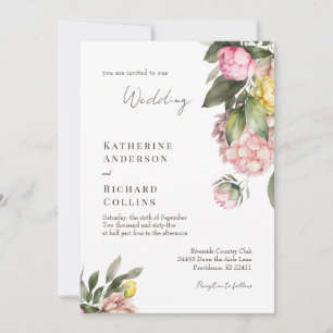 Convites Casamento de Peônias Rosa e Amarelo Elegante