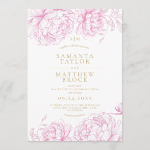 Convites Casamento de Peônias Rosa Elegantes