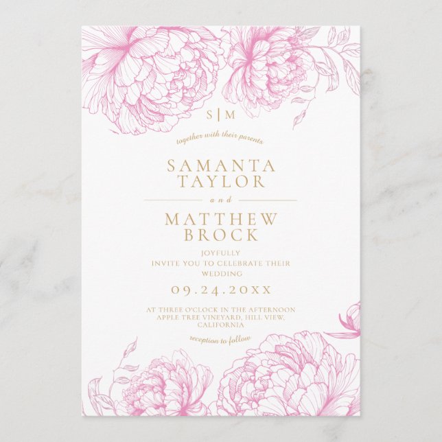 Convites Casamento de Peônias Rosa Elegantes (Frente)
