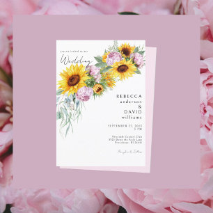 Convites Casamento de Peônias Rosa em Aquarela e Girassóis