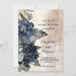 Convites Casamento de Peony Eucalyptus, Marinho Dourado de