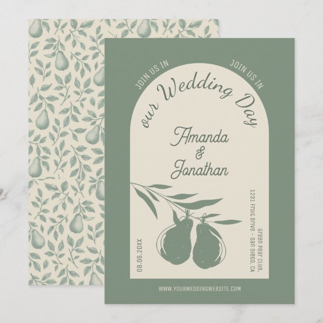Convites Casamento de pera verde elegante (Frente/Verso)