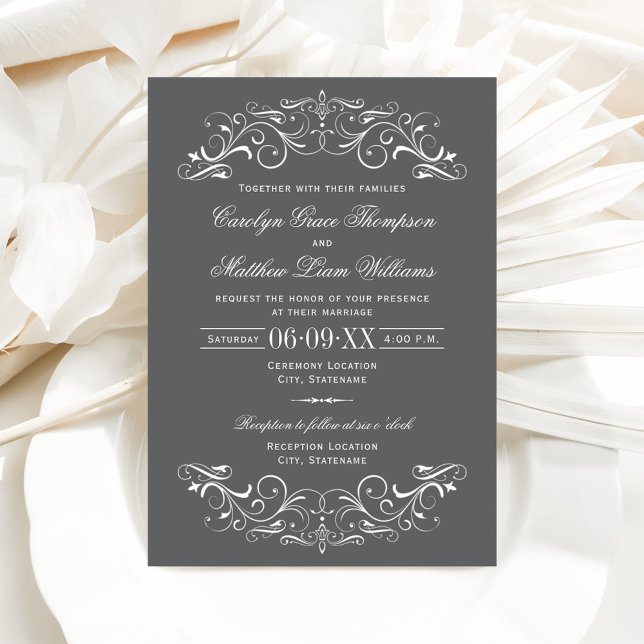 Convites Casamento de Pergaminho Rebuscado Cinza e Branco (Criador carregado)