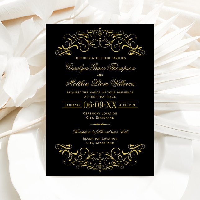 Convites Casamento de Pergaminho Rebuscado Preto e Dourado (Criador carregado)