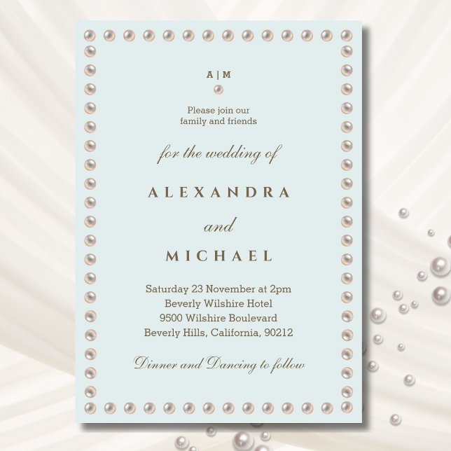 Convites Casamento de Pérolas de Monograma Azul Elegante (Criador carregado)
