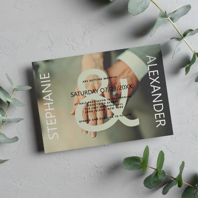 Convites Casamento de personalização de fotos branco e verd (Modern green white custom photo ampersand wedding )