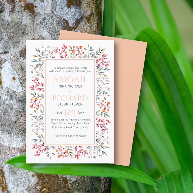 Convites Casamento de pêssego com borda de folhas e bagas (Criador carregado)