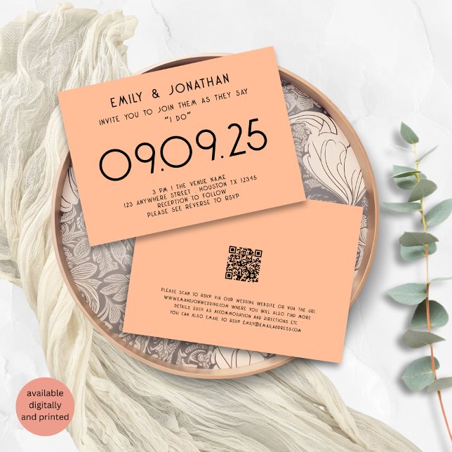 Convites Casamento de Pêssego com Tipografia Moderna (Front and back view)