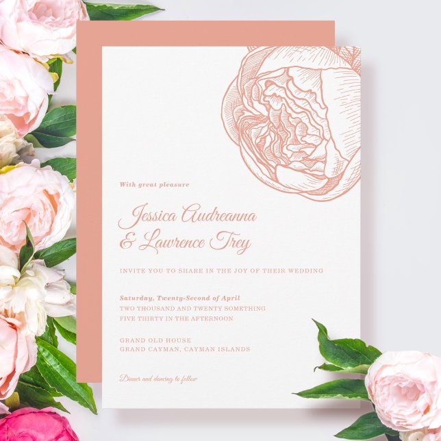 Convites Casamento de Pêssego Elegante Peony (Criador carregado)