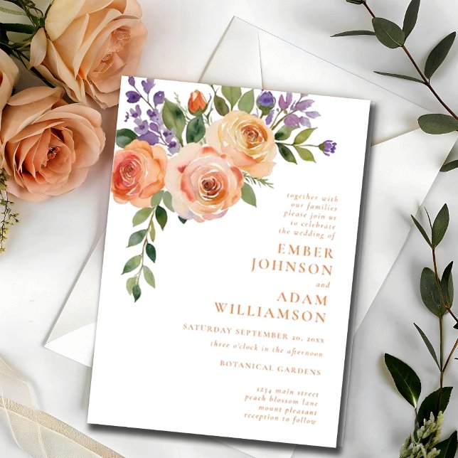 Convites Casamento de Pêssego Floral de Cor Floral Branca (Criador carregado)