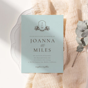 Convites Casamento de Peste de Monograma Botânica Azul Clar