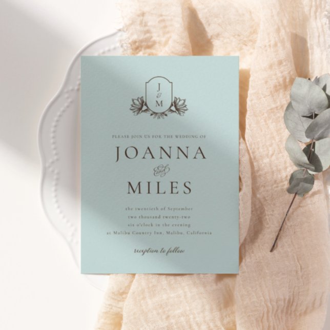 Convites Casamento de Peste de Monograma Botânica Azul Clar (Criador carregado)