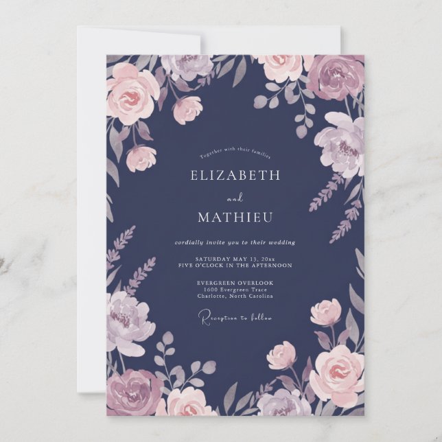 Convites Casamento de Pétala Floral Azul Marinho (Frente)