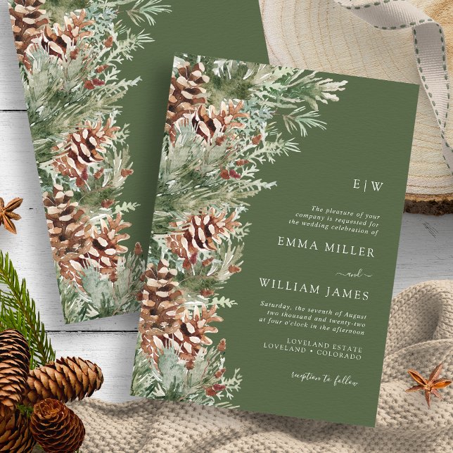 Convites Casamento de Pinheiro com Monograma Verde (Mountain Hunter Green Monogrammed Evergreen Wedding Invitation by Painted Paperie
)