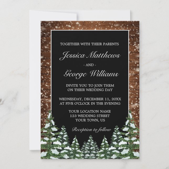 Convites Casamento de pinheiro de Mata Neve Negra e Florest (Frente)