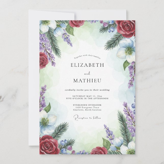 Convites Casamento de Pinheiro Eucalipto Âmbar Crimson (Frente)