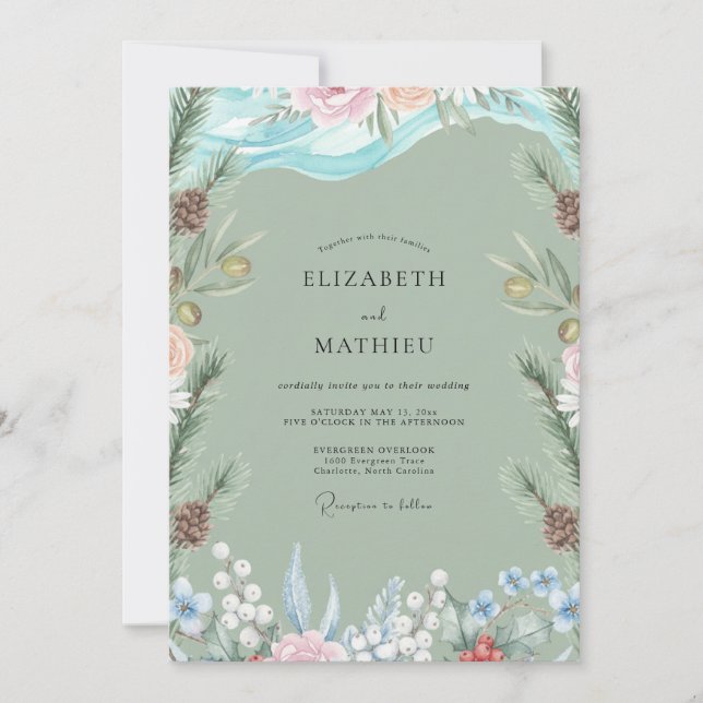 Convites Casamento de Pinheiro Evergreen Eucalipto Espuma d (Frente)
