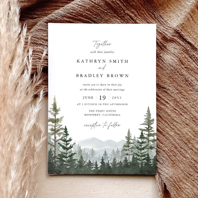 Convites Casamento de Pinheiro na Floresta da Montanha (Mountain forest wedding invitation, sage green pine tree wedding stationery, layered woodland invite)