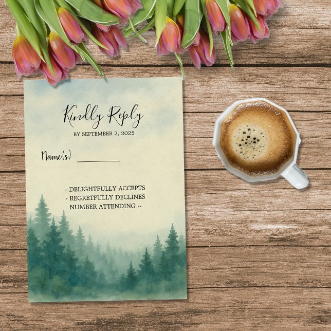 Convites Casamento de pinheiros da árvore d'água RSVP (Watercolor pine tree forest wedding RSVP Invitation.)