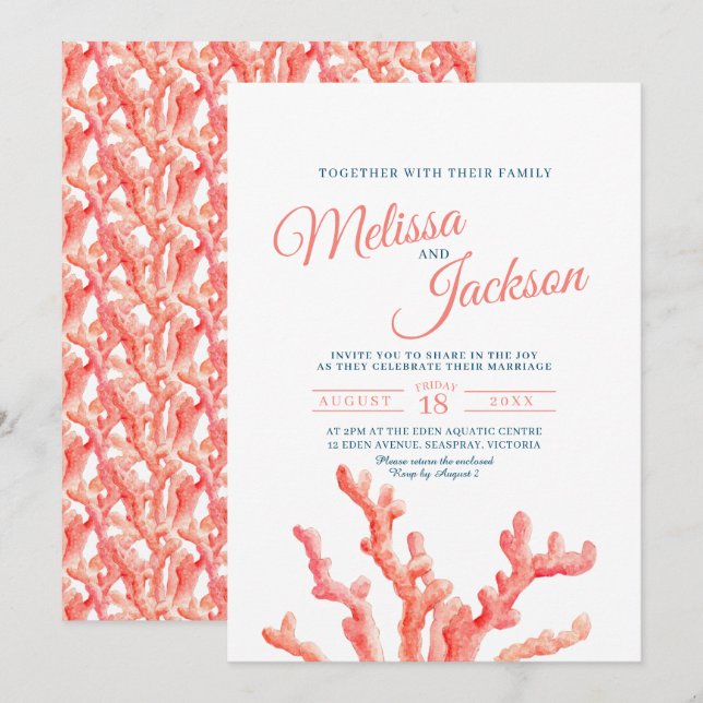 Convites Casamento de pintura de aquarela de coral (Frente/Verso)