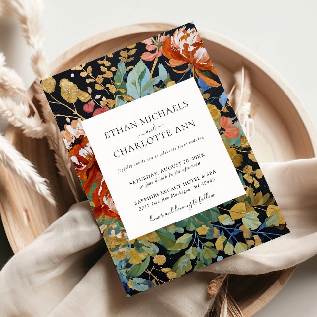 Convites Casamento de Pintura Dourada Floral de Peões Laran (Criador carregado)