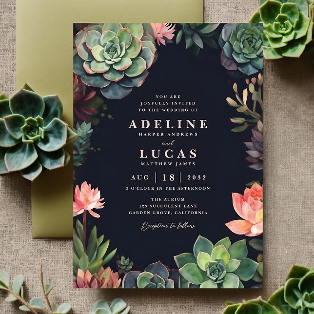 Convites Casamento de Plantas Botânicas Suculentes Escuras  (Dark botanical succulent plant boho wedding invitation suite, moody black, green and peach invite)