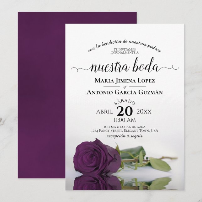 Convites Casamento de Plum Purple Rosa espanhol Nuestra Bod (Frente/Verso)