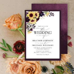 Convites Casamento de Plum Purple Sunflower Watercolor