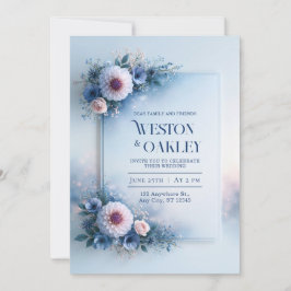 Convites Casamento de Pó de Dahlia com Moldura Azul