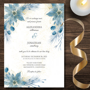 Convites Casamento de Poinsettia Azul e Dourado Moderno
