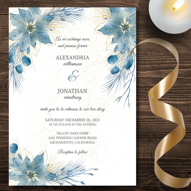 Convites Casamento de Poinsettia Azul e Dourado Moderno (Criador carregado)