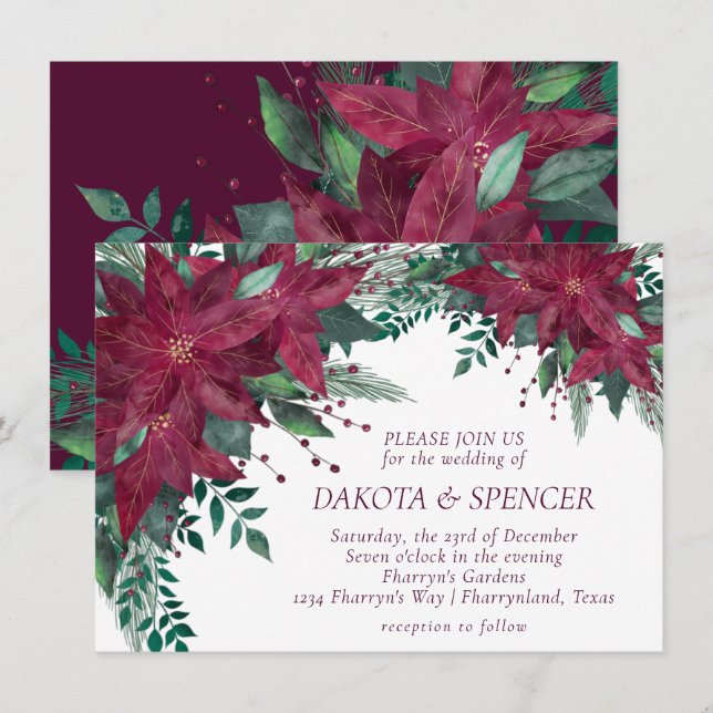 Convites Casamento de Poinsettia Burgundy e Teal Holiday (Frente/Verso)