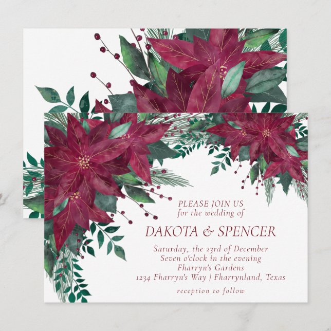 Convites Casamento de Poinsettia Burgundy e Teal Holiday (Frente/Verso)