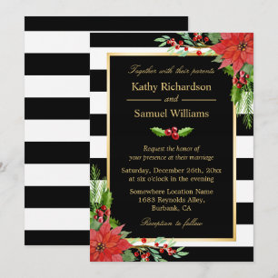 Convites Casamento de Poinsettia Floral Black Stripes
