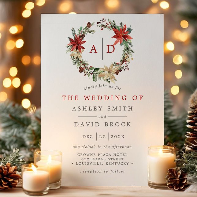 Convites Casamento de Poinsettia Monograma Wreath (Criador carregado)