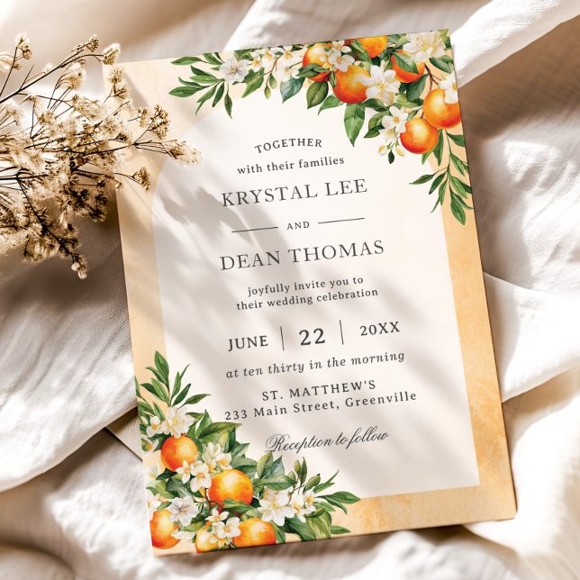 Convites Casamento de Pomada de Laranja de Frutas de Citrin (modern orange fruit trees orchard wedding invitation cards)