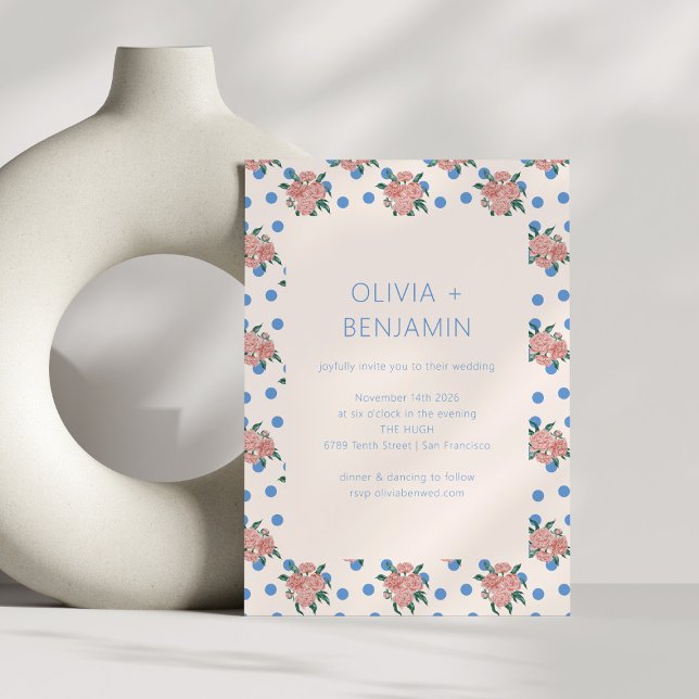Convites Casamento de Pontos Azuis do Jardim Floral Retro P (Criador carregado)