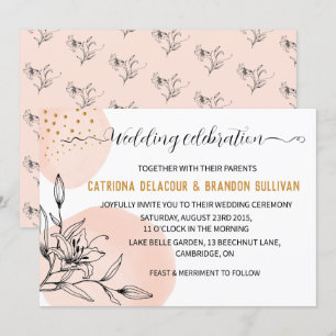 Convites Casamento de pontos Dourados com Flor Rosa e Preto