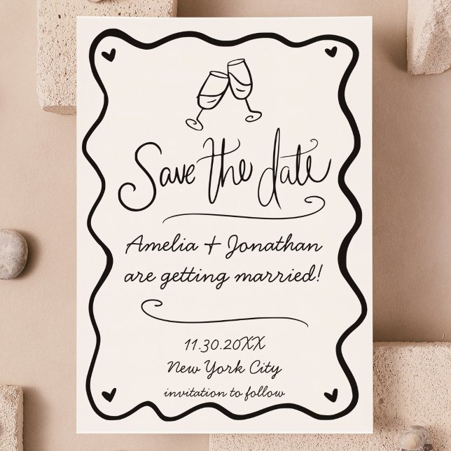 Convites Casamento de Portas Ondas de Mão Desenhada Salve A (hand drawn squiggle wavy doodle save the date photo invitation quirky wedding save the date cheers )