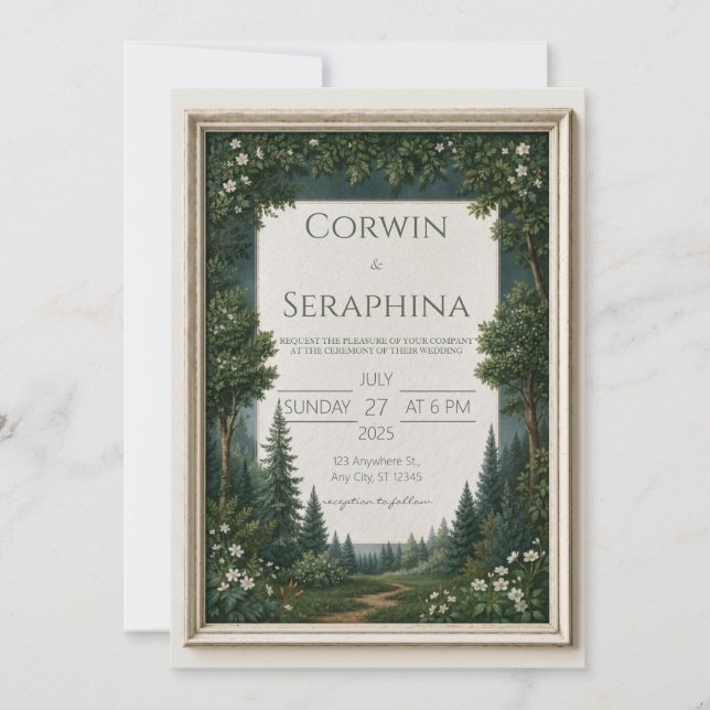 Convites Casamento de Prado Florestal com Moldura de Marfim (Frente)
