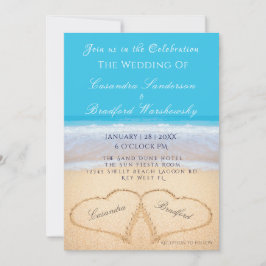 Convites Casamento de Praia 2 Corações Areia Oceano Azul
