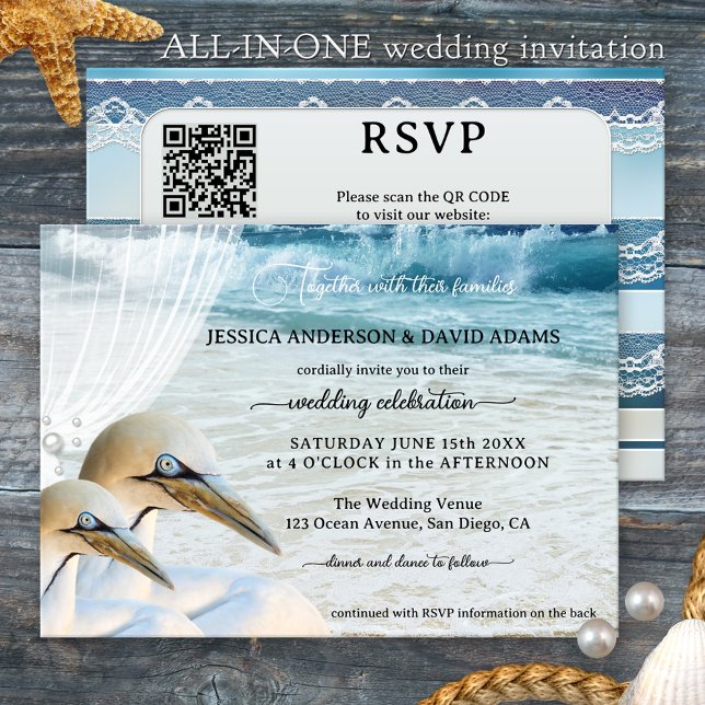 Convites Casamento de Praia All-in-One do Modern Gannets (Beach or destination wedding invitation featuring two gannets - unique romantic invite)