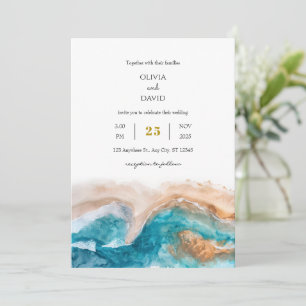 Convites Casamento de Praia com Aquarela de ouro e Turquois