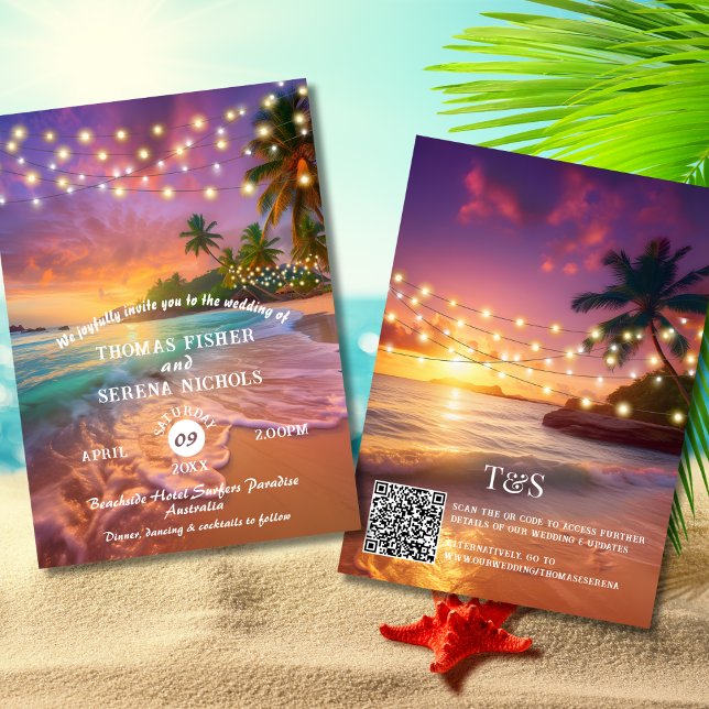 Convites Casamento de Praia com Código QR Tropical Sunset (Criador carregado)