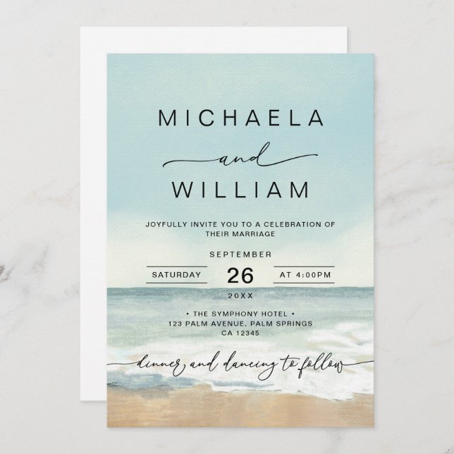 Convites Casamento de Praia com Destino de Aquarelas Modern (Frente/Verso)