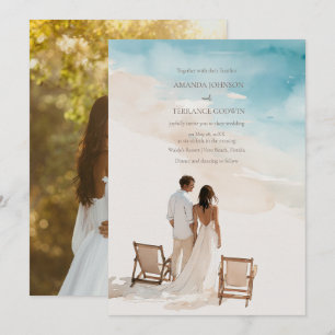 Convites Casamento de Praia com Noiva e Noivo em Aquarela E