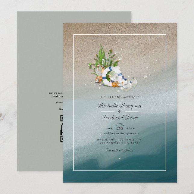 Convites Casamento de Praia com QR Code para RSVP de Verão  (Frente/Verso)