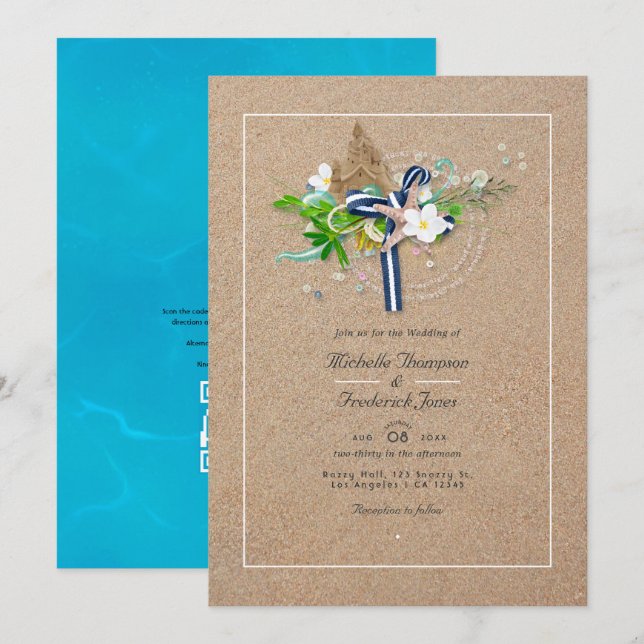 Convites Casamento de Praia com QR Code para RSVP de Verão  (Frente/Verso)