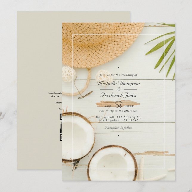 Convites Casamento de Praia com QR Code RSVP Verão Rústico (Frente/Verso)