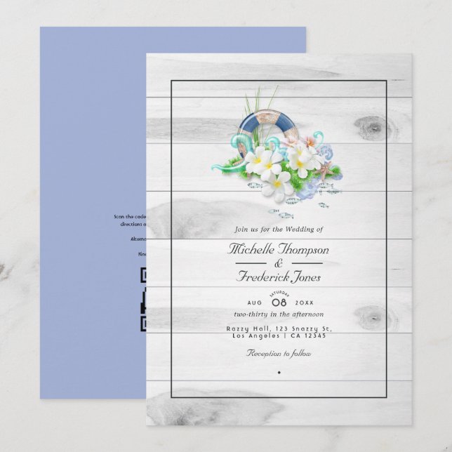 Convites Casamento de Praia com QR Code RSVP Verão Rústico (Frente/Verso)